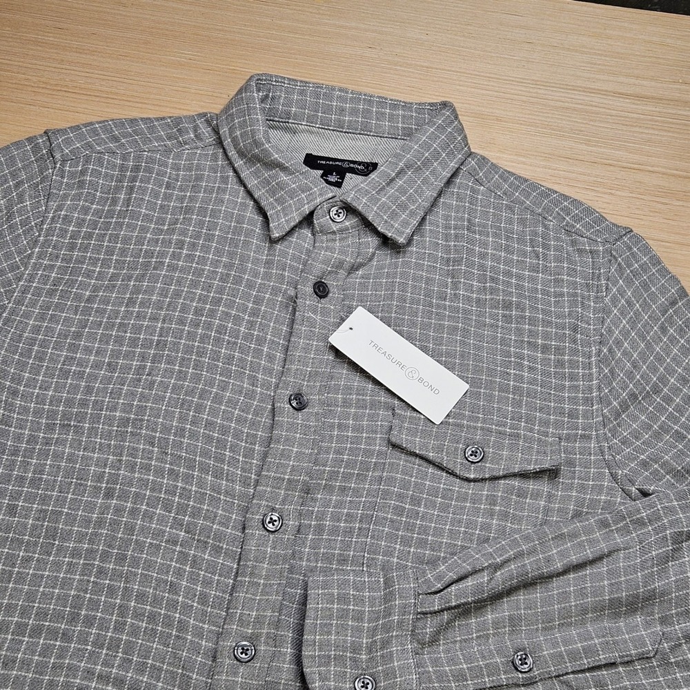 Treasure & Bond Flannel Button Down Mens L Grey Thom Plaid Long Sleeve NEW